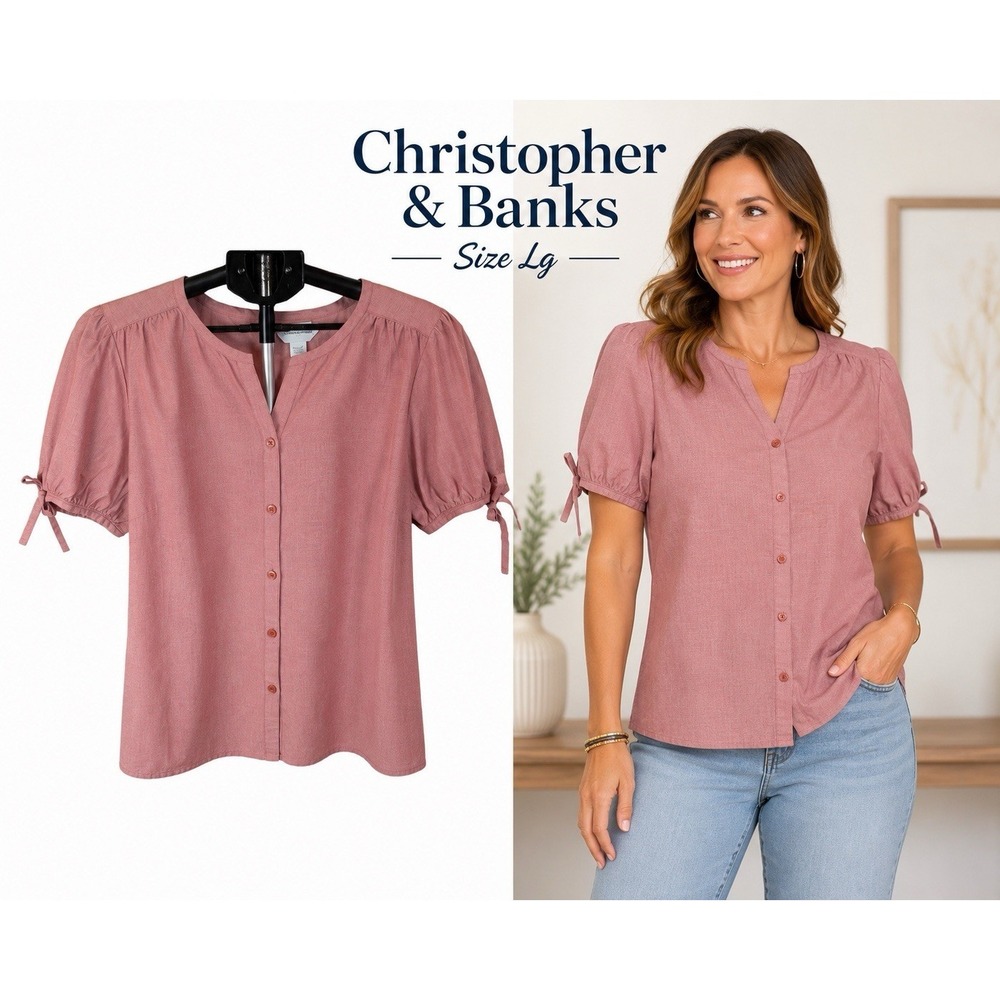 Christopher & Banks Red Button Down Bow Tie Sleeve Sz L Girlhood Core Coquette